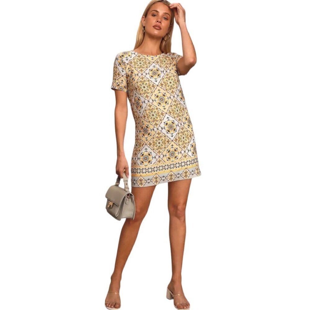 Lulus Yellow Dandy Lion Yellow Print Shift Dress, Short Sleeve Women's Size S - Picture 14 of 14